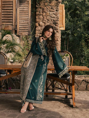BrandsInn-3PC DHANAK EMBROIDERED SHIRT WITH COUTRAI PRINTED SHAWL AND TROUSER-BI-5322