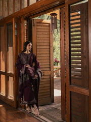 BrandsInn-3PC DHANAK EMBROIDERED SHIRT WITH COUTRAI PRINTED SHAWL AND TROUSER-BI-5324