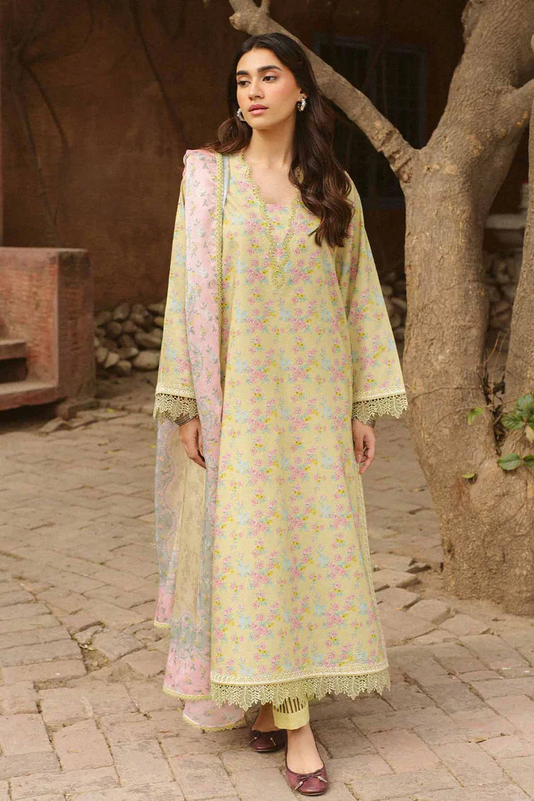 BrandsInn-3PC LAWN PRINTED EMB SHIRT WITH SILK PRINTED DUPATTA AND DYED TROUSER-BI-055
