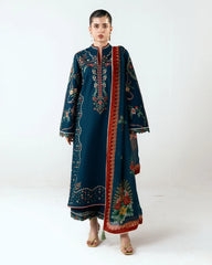 BrandsInn-3PC DHANAK EMBROIDERED SHIRT WITH COUTRAI PRINTED SHAWL AND EMB TROUSER-BI-5172