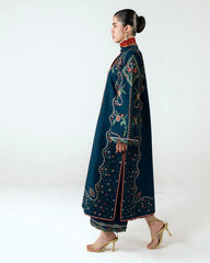 BrandsInn-3PC DHANAK EMBROIDERED SHIRT WITH COUTRAI PRINTED SHAWL AND EMB TROUSER-BI-5172