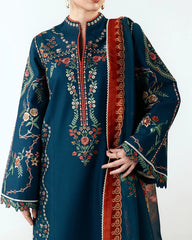 BrandsInn-3PC DHANAK EMBROIDERED SHIRT WITH COUTRAI PRINTED SHAWL AND EMB TROUSER-BI-5172