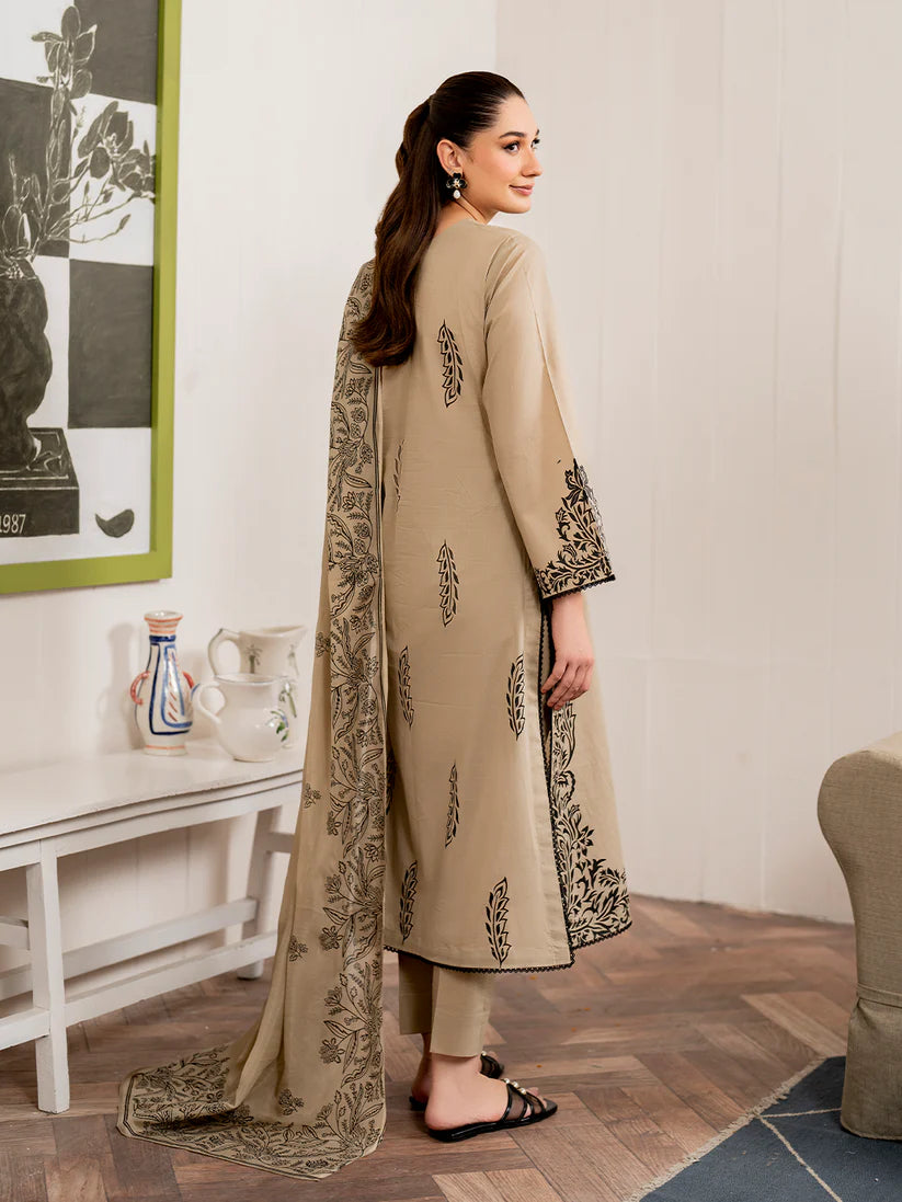BrandsInn-3PC DHANAK EMBROIDERED SHIRT WITH COUTRAI PRINT SHAWL AND TROUSER-BI-4049