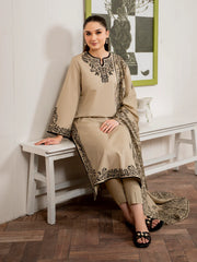 BrandsInn-3PC DHANAK EMBROIDERED SHIRT WITH COUTRAI PRINT SHAWL AND TROUSER-BI-4049