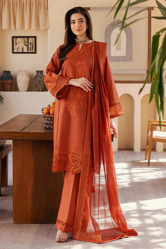BrandsInn-3PC DHANAK EMBROIDERED SHIRT WITH KHADDI NET EMB DUPATTA AND TROUSER-BI-4300