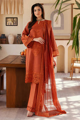 BrandsInn-3PC DHANAK EMBROIDERED SHIRT WITH KHADDI NET EMB DUPATTA AND TROUSER-BI-4300