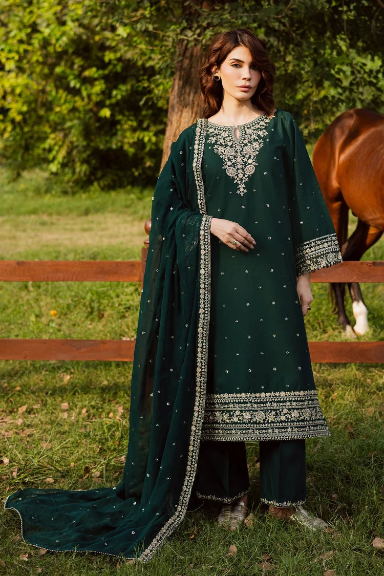 BrandsInn-3PC DHANAK EMBROIDERED SHIRT WITH CHIFFON EMBROIDERED DUPATTA AND EMB TROUSER -BI-5181