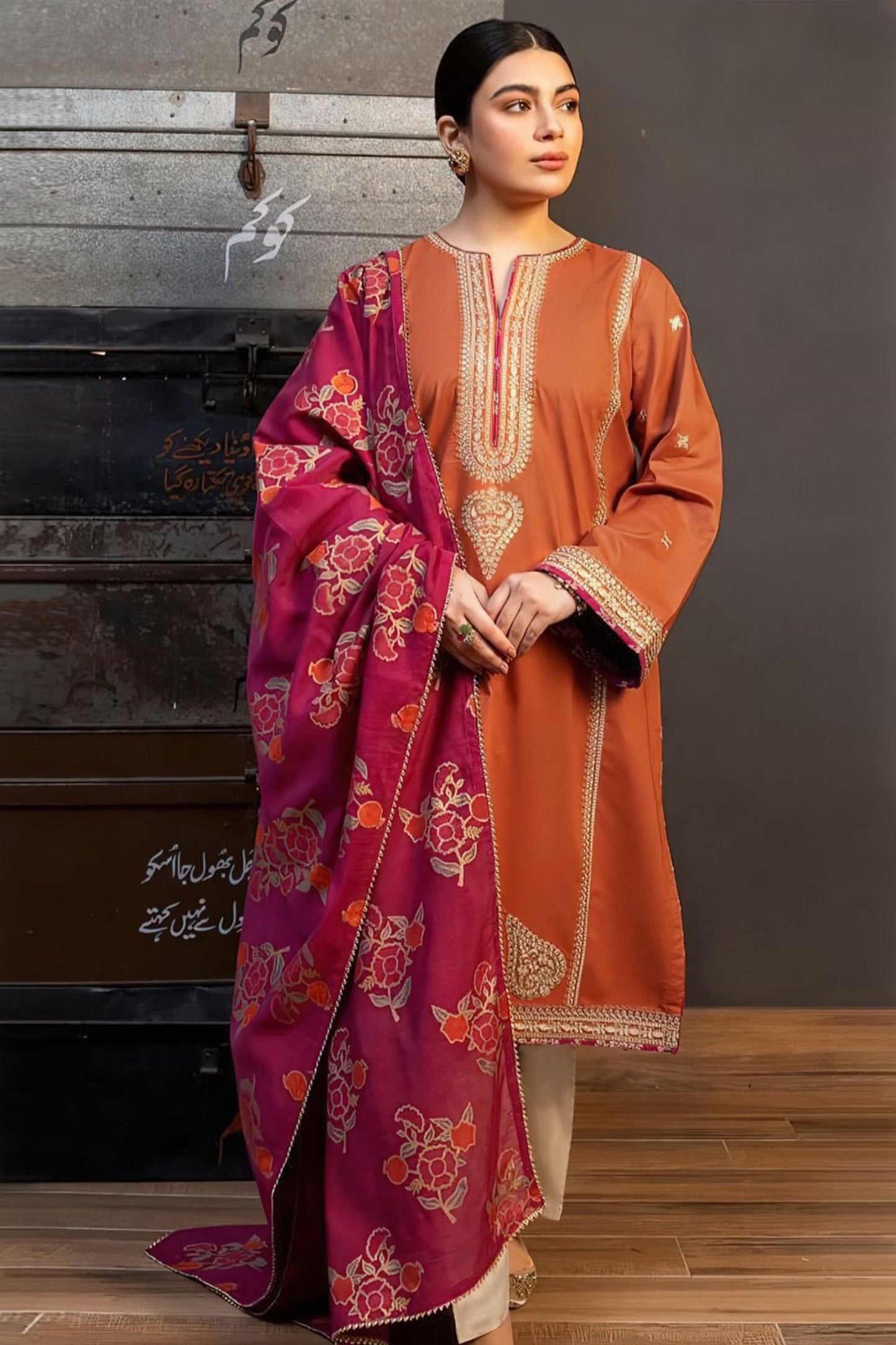 BrandsInn.3PC LAWN EMBROIDERED SHIRT WITH MONARK PRINT DUPATTA AND TROUSER-BI-157