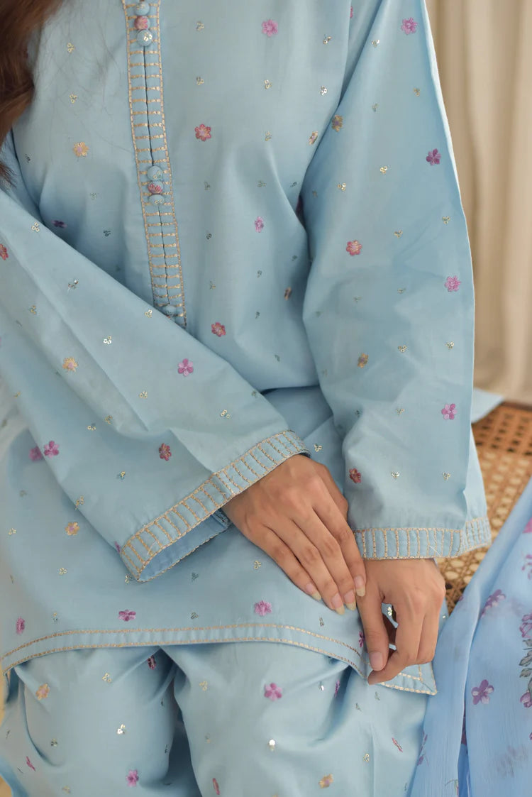 BrandsInn-3PC DHANAK EMBROIDERED SHIRT WITH COURTRAI PRINTED SHAWL AND EMB TROUSER-BI-4255
