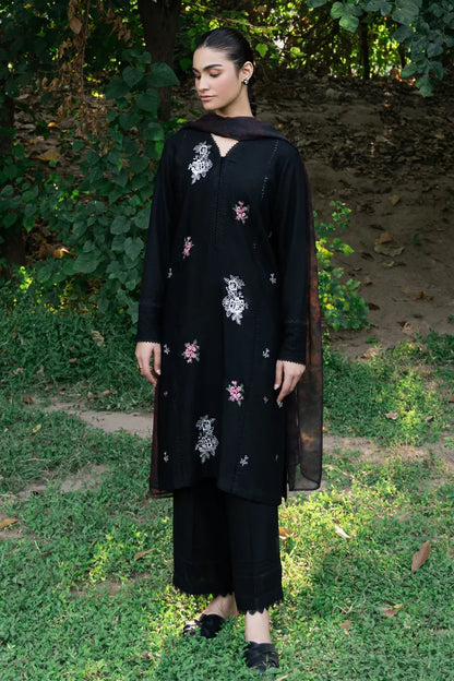 BrandsInn- 3PC DHANAK EMBROIDERED SHIRT WITH TWILL PRINTED SHAWL & TROUSER-BI-4062