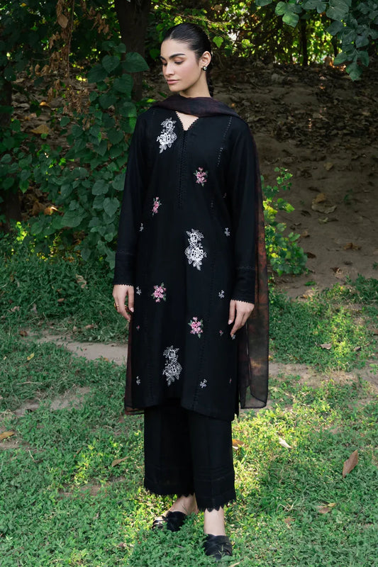 BrandsInn- 3PC DHANAK EMBROIDERED SHIRT WITH TWILL PRINTED SHAWL & TROUSER-BI-4062