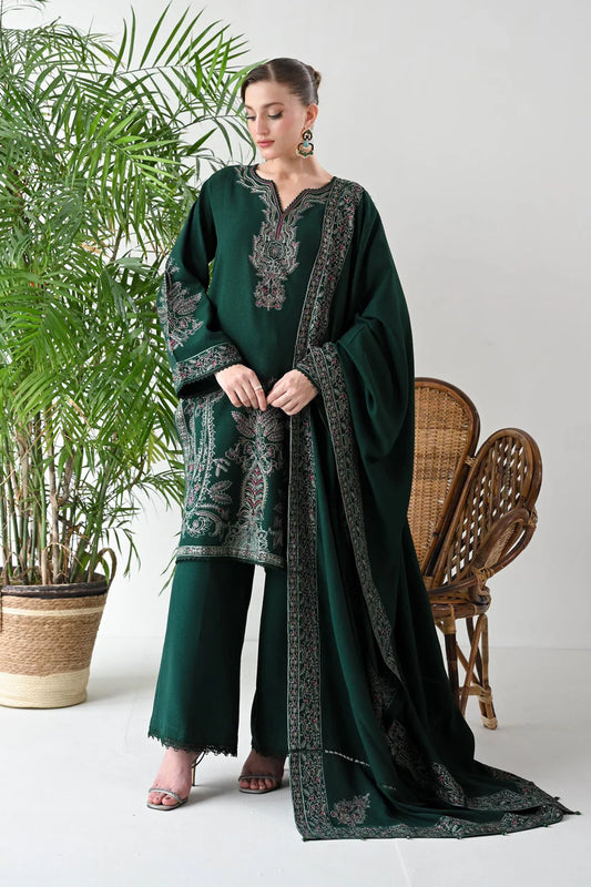 BrandsInn-3PC DHANAK EMBROIDERED SHIRT WITH DHANAK EMBROIDERED SHAWL & TROUSER-BI-4136