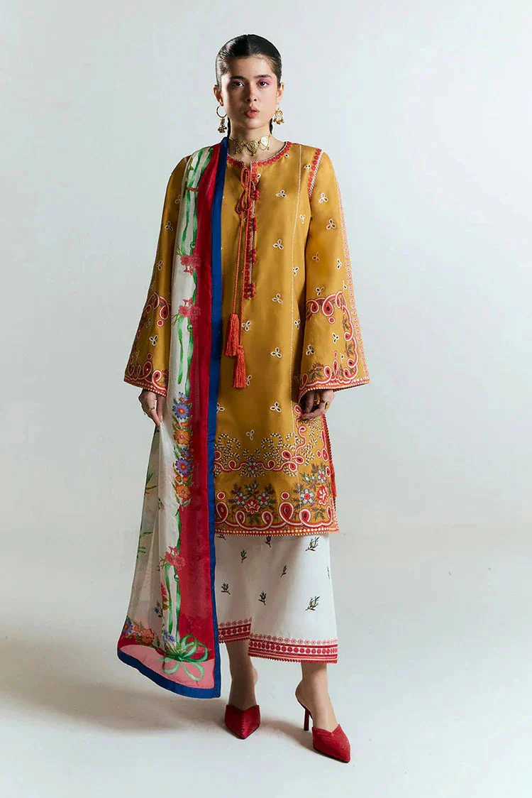 BrandsInn- 3PC DHANAK HEAVY EMBROIDERED SHIRT WITH COURTRAI PRINTED SHAWL AND EMB TROUSER-BI-4212
