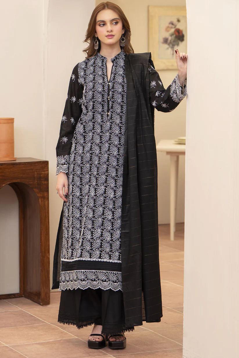 BrandsInn-3PC LAWN CHIKENKARI EMBROIDERED SHIRT WITH LAWN TUBE SLUB DUPATTA-BI-6400