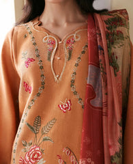 BrndsInn-3PC KARANDI EMBROIDERED SHIRT WITH COUTRAI PRINTED SHAWL AND TROUSER-BI-5247