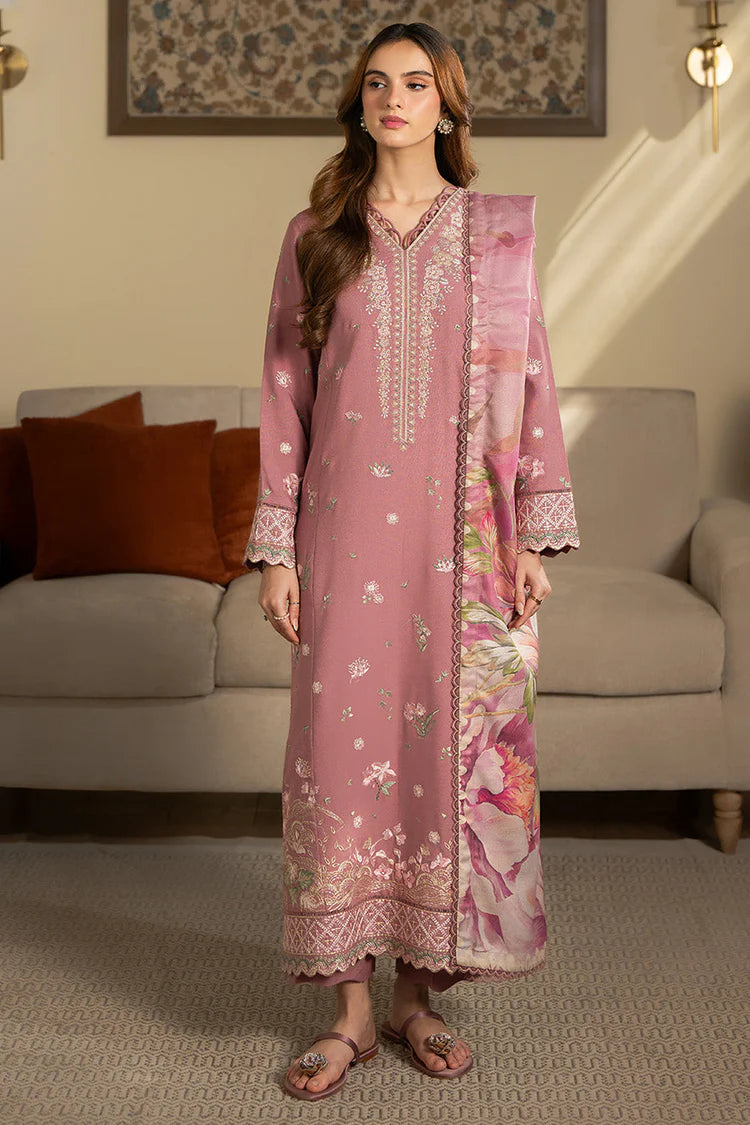 BrandsInn-3PC DHANAK EMBROIDERED SHIRT WITH WOOL PRINTED SHAWL AND TROUSER-BI-5023