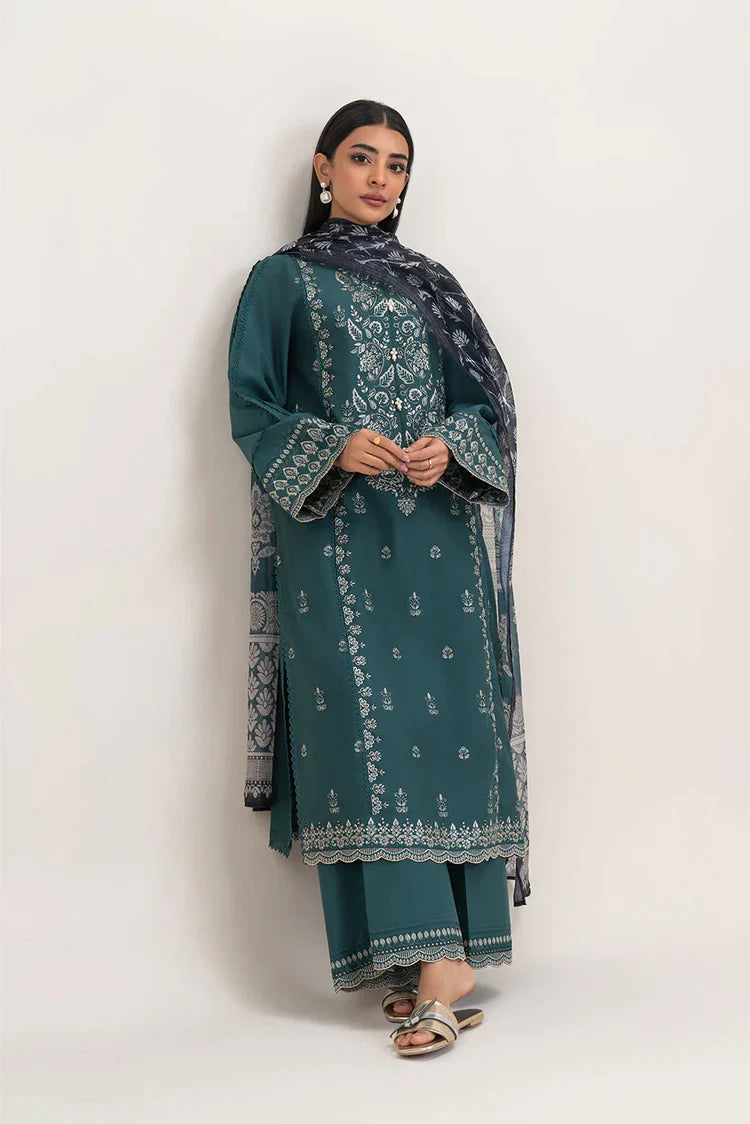 BrandsInn-3PC DHANAK EMBROIDERED SHIRT WITH COURTRAI PRINTED SHAWL AND EMB TROUSER-BI-4158
