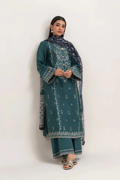 BrandsInn-3PC DHANAK EMBROIDERED SHIRT WITH COURTRAI PRINTED SHAWL AND EMB TROUSER-BI-4158