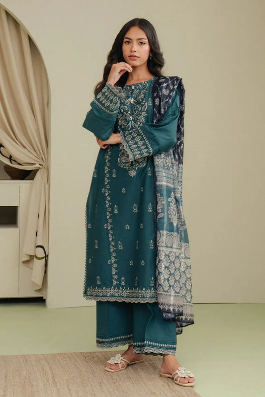 BrandsInn-3PC DHANAK EMBROIDERED SHIRT WITH COURTRAI PRINTED SHAWL AND EMB TROUSER-BI-4158