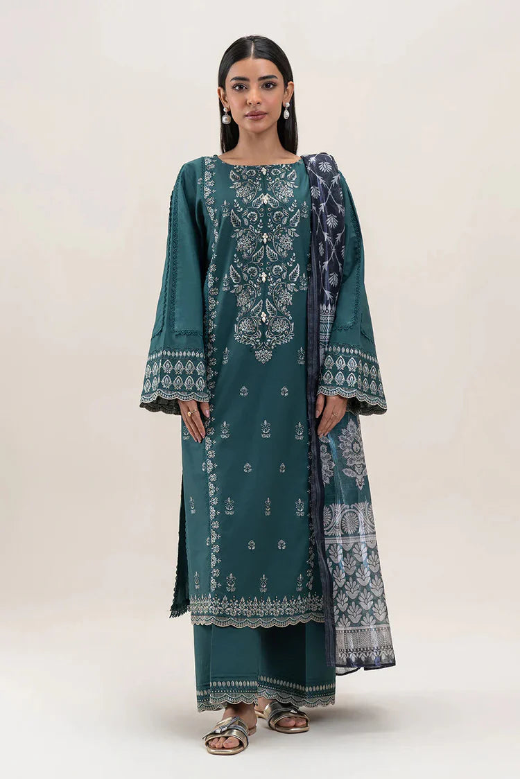 BrandsInn-3PC DHANAK EMBROIDERED SHIRT WITH COURTRAI PRINTED SHAWL AND EMB TROUSER-BI-4158