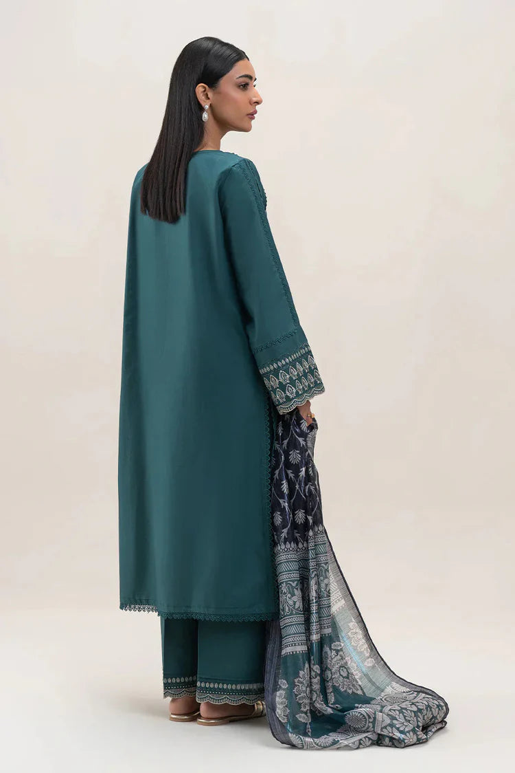 BrandsInn-3PC DHANAK EMBROIDERED SHIRT WITH COURTRAI PRINTED SHAWL AND EMB TROUSER-BI-4158