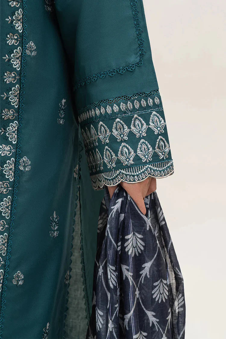 BrandsInn-3PC DHANAK EMBROIDERED SHIRT WITH COURTRAI PRINTED SHAWL AND EMB TROUSER-BI-4158