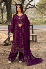BrandsInn-3PC DHANAK EMBROIDERED SHIRT WITH DHANAK EMBROIDERED SHAWL AND EMB TROUSER-BI-5068