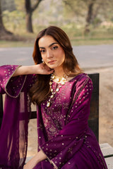 BrandsInn-3PC DHANAK EMBROIDERED SHIRT WITH DHANAK EMBROIDERED SHAWL AND EMB TROUSER-BI-5068