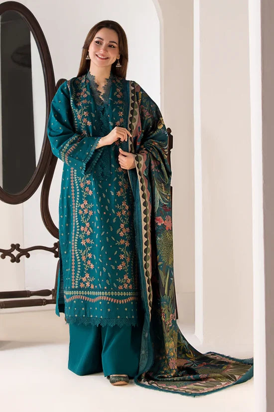BrandsInn-3PC DHANAK EMBROIDERED SHIRT WITH WOOL PRINTED SHAWL AND TROUSER-BI-5276