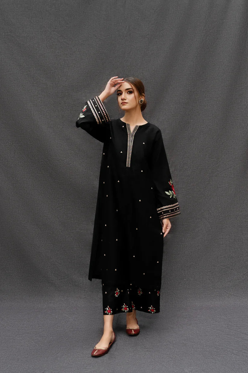 BrandsInn-3PC DHANAK EMBROIDERED SHIRT WITH COUTRAI PRINTED SHAWL AND EMB TROUSER-BI-233