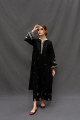BrandsInn-3PC DHANAK EMBROIDERED SHIRT WITH COUTRAI PRINTED SHAWL AND EMB TROUSER-BI-233