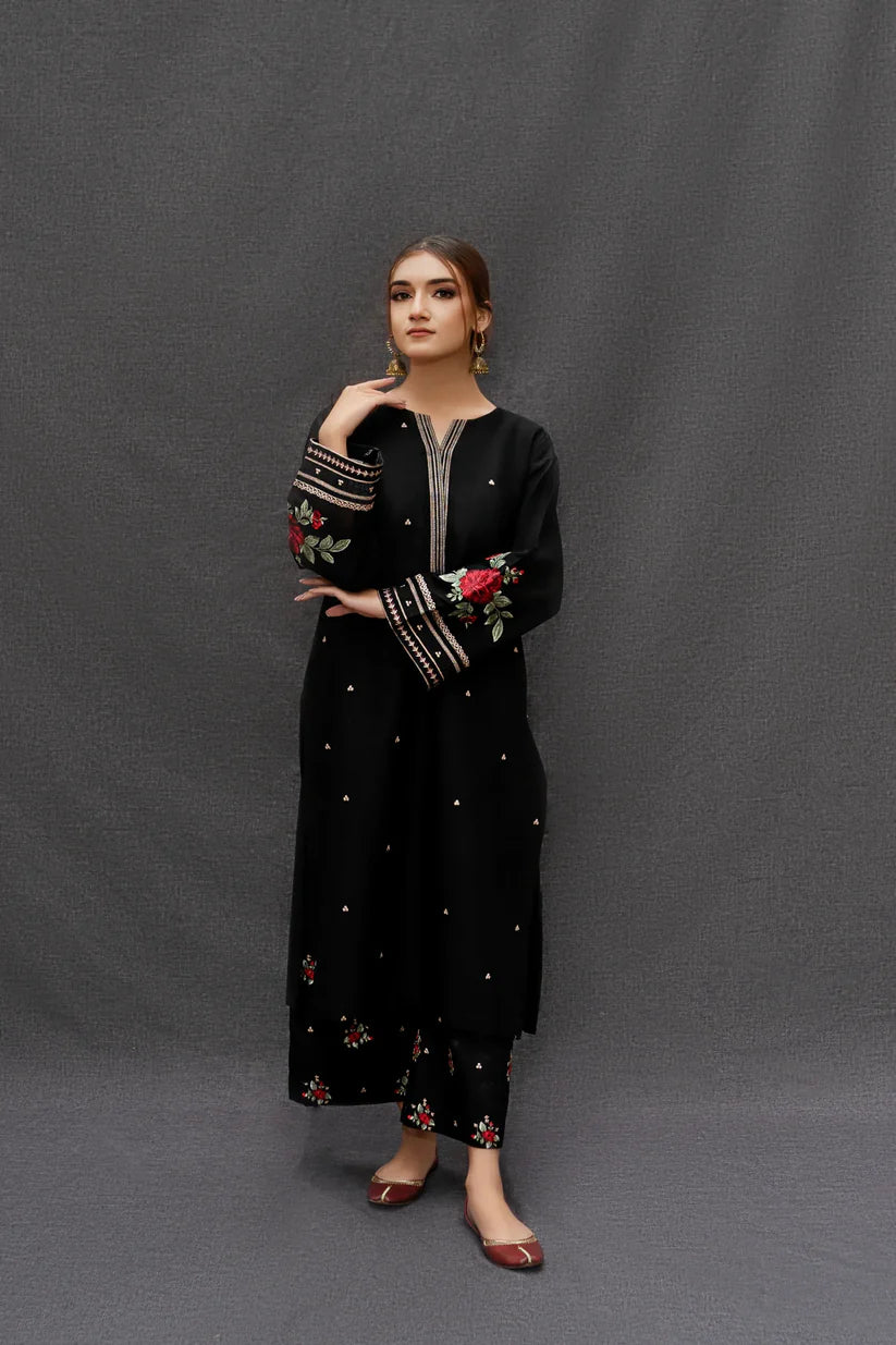 BrandsInn-3PC DHANAK EMBROIDERED SHIRT WITH COUTRAI PRINTED SHAWL AND EMB TROUSER-BI-233
