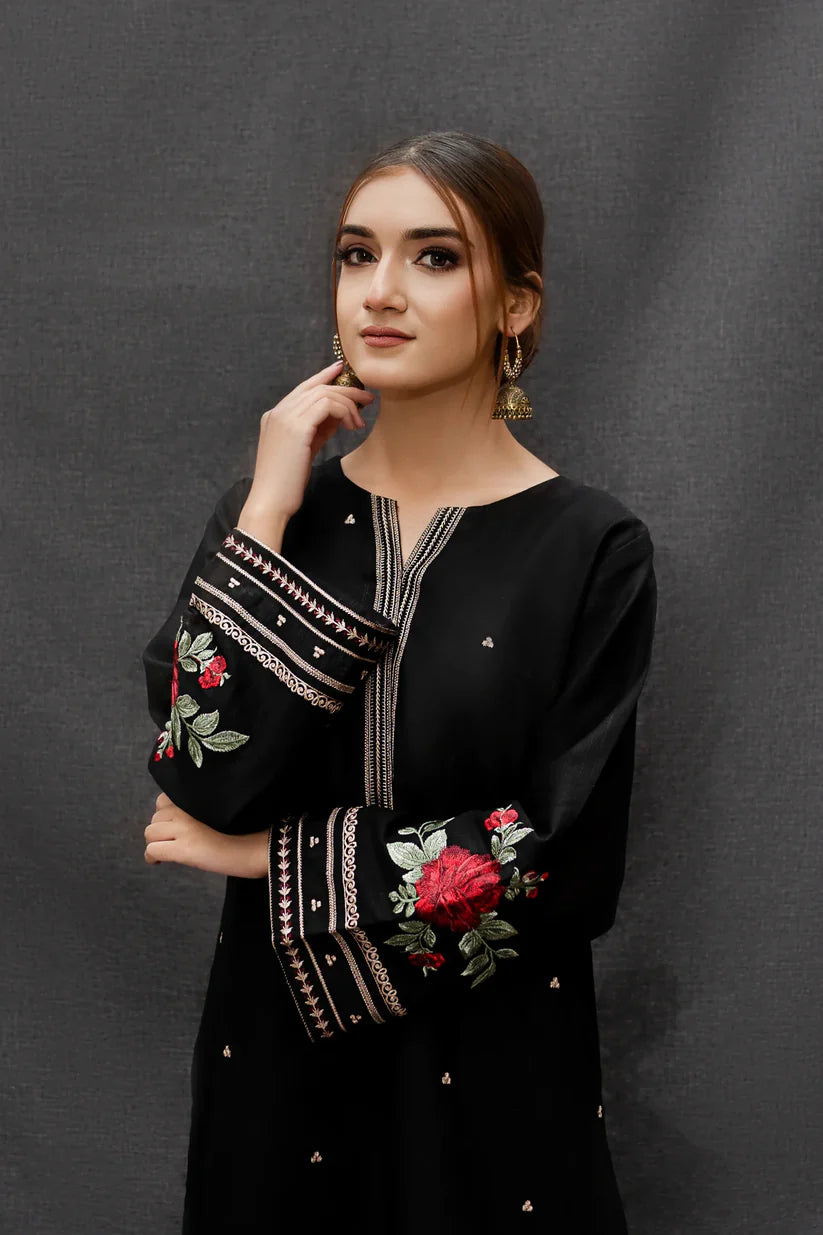 BrandsInn-3PC DHANAK EMBROIDERED SHIRT WITH COUTRAI PRINTED SHAWL AND EMB TROUSER-BI-233