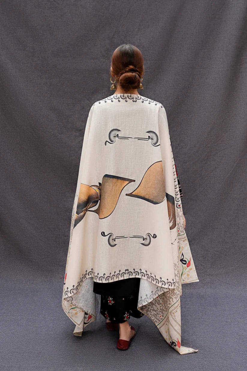 BrandsInn-3PC DHANAK EMBROIDERED SHIRT WITH COUTRAI PRINTED SHAWL AND EMB TROUSER-BI-233
