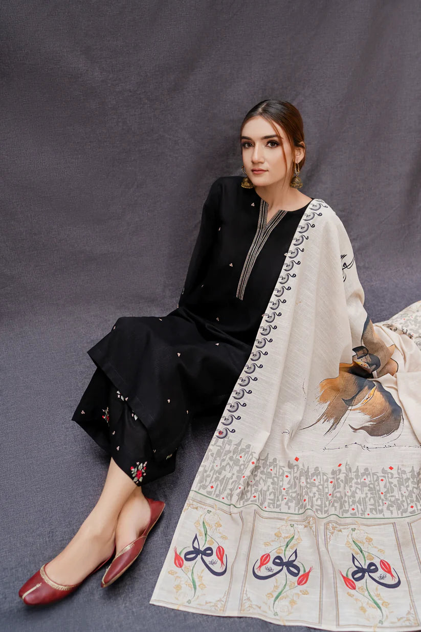 BrandsInn-3PC DHANAK EMBROIDERED SHIRT WITH COUTRAI PRINTED SHAWL AND EMB TROUSER-BI-233