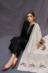 BrandsInn-3PC DHANAK EMBROIDERED SHIRT WITH COUTRAI PRINTED SHAWL AND EMB TROUSER-BI-233