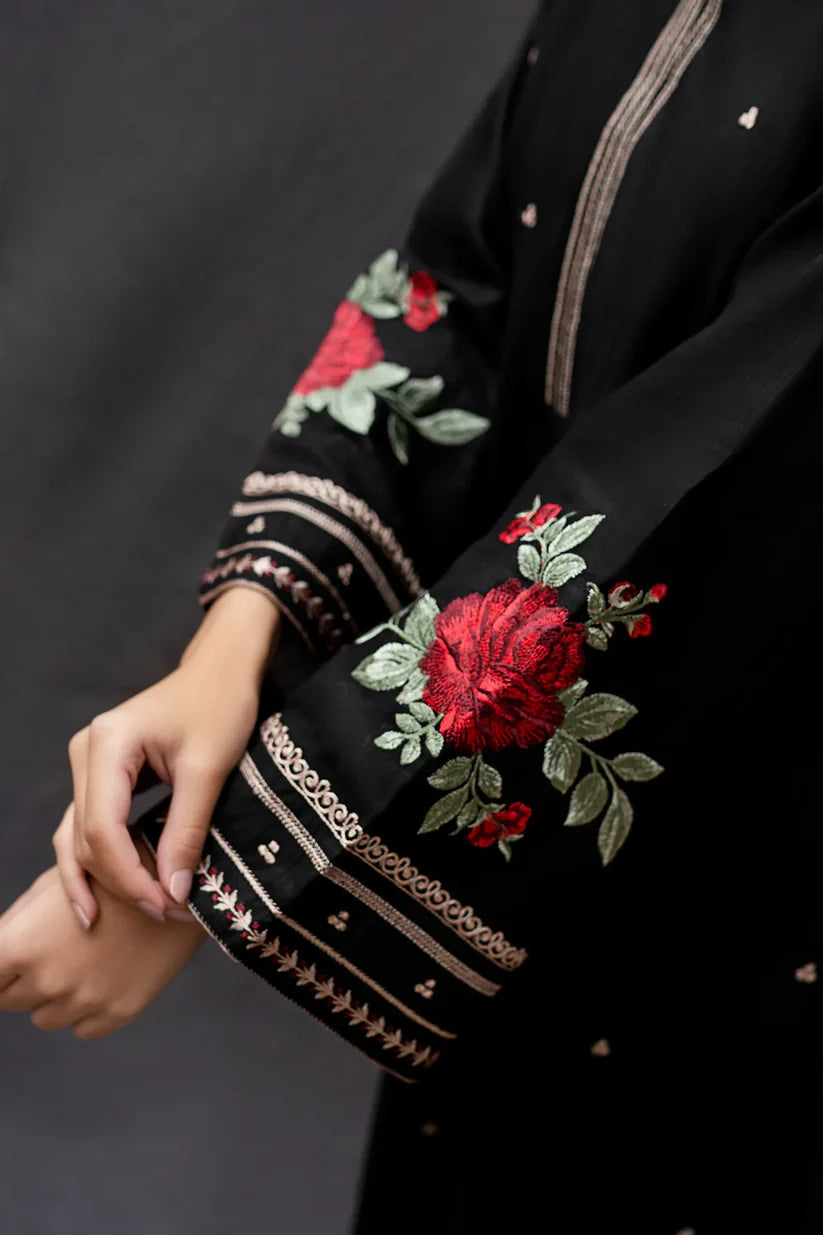BrandsInn-3PC DHANAK EMBROIDERED SHIRT WITH COUTRAI PRINTED SHAWL AND EMB TROUSER-BI-233