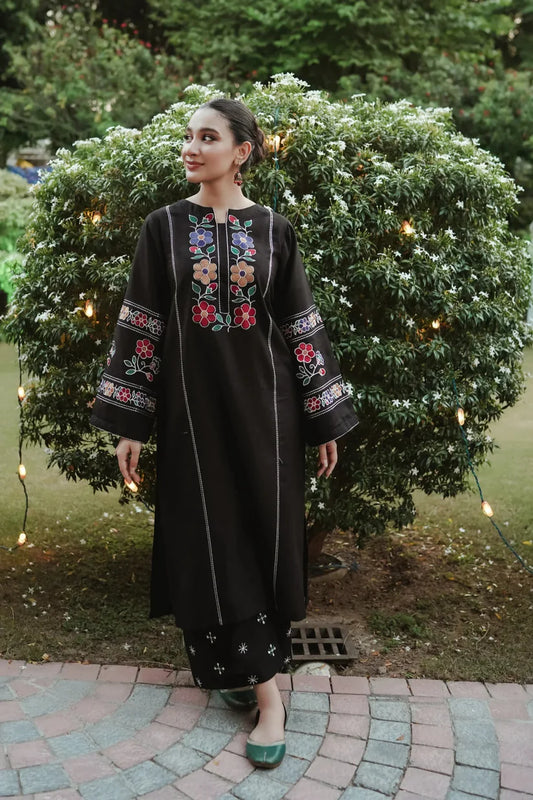 BrandsInn-2PC DHANAK EMBROIDERED SHIRT WITH DHANAK EMB TROUSER-BI-4071