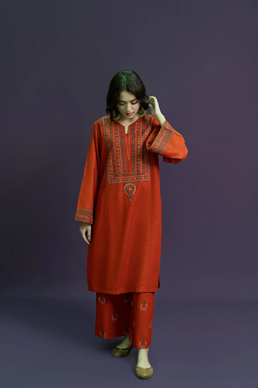 BrandsInn-2PC DHANAK EMBROIDERED SHIRT WITH DHANAK EMBROIDERED TROUSER-BI-4099