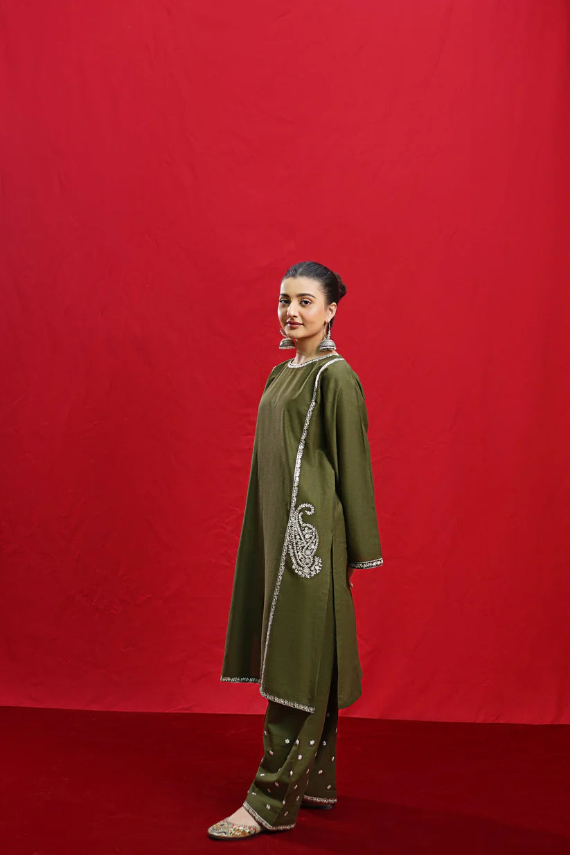 BrandsInn- 3PC Dhanak Embroidered Shirt With Twil Print Wool Shawl & Trouser-BI-4082