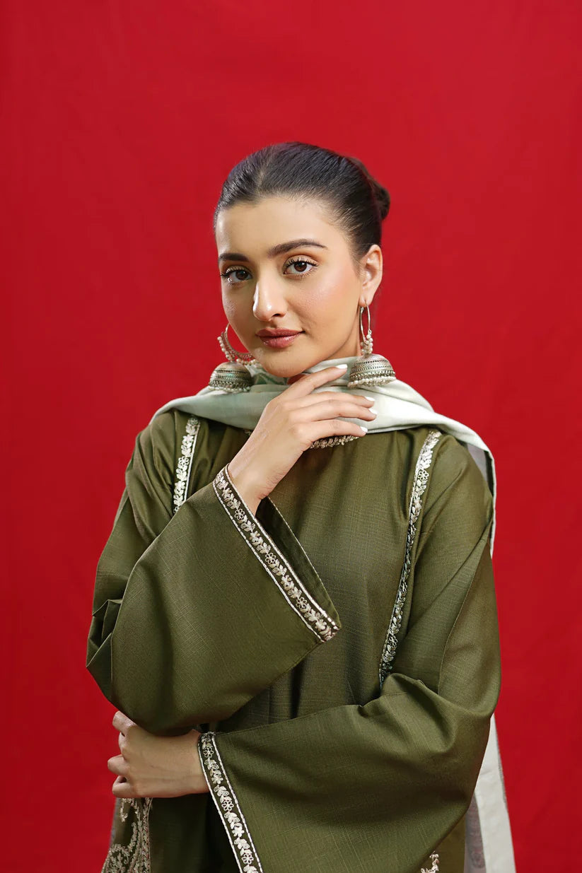 BrandsInn- 3PC Dhanak Embroidered Shirt With Twil Print Wool Shawl & Trouser-BI-4082