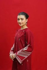 BrandsInn-3PC DHANAK EMBROIDERED SHIRT WITH COUTURE PRINTED SHAWL & EMB TROUSER-BI-4110