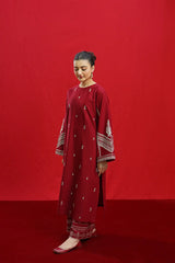BrandsInn-3PC DHANAK EMBROIDERED SHIRT WITH COUTURE PRINTED SHAWL & EMB TROUSER-BI-4110
