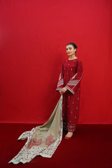 BrandsInn-3PC DHANAK EMBROIDERED SHIRT WITH COUTURE PRINTED SHAWL & EMB TROUSER-BI-4110