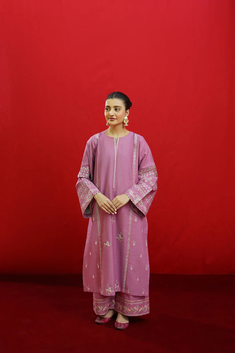 BrandsInn-3PC KHADDAR EMBROIDRED SHIRT WITH WOOL PRINTED SHAWL & EMB TROUSER-BI-4057