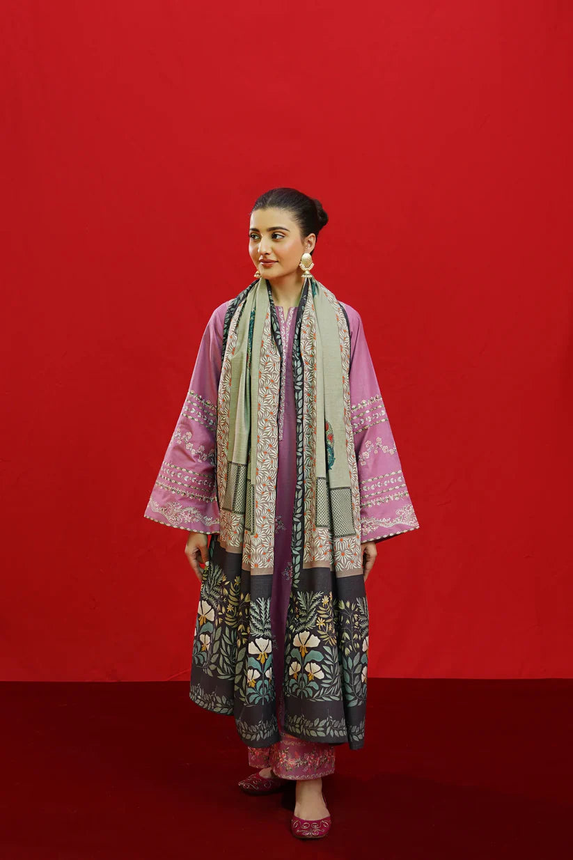 BrandsInn-3PC KHADDAR EMBROIDRED SHIRT WITH WOOL PRINTED SHAWL & EMB TROUSER-BI-4057