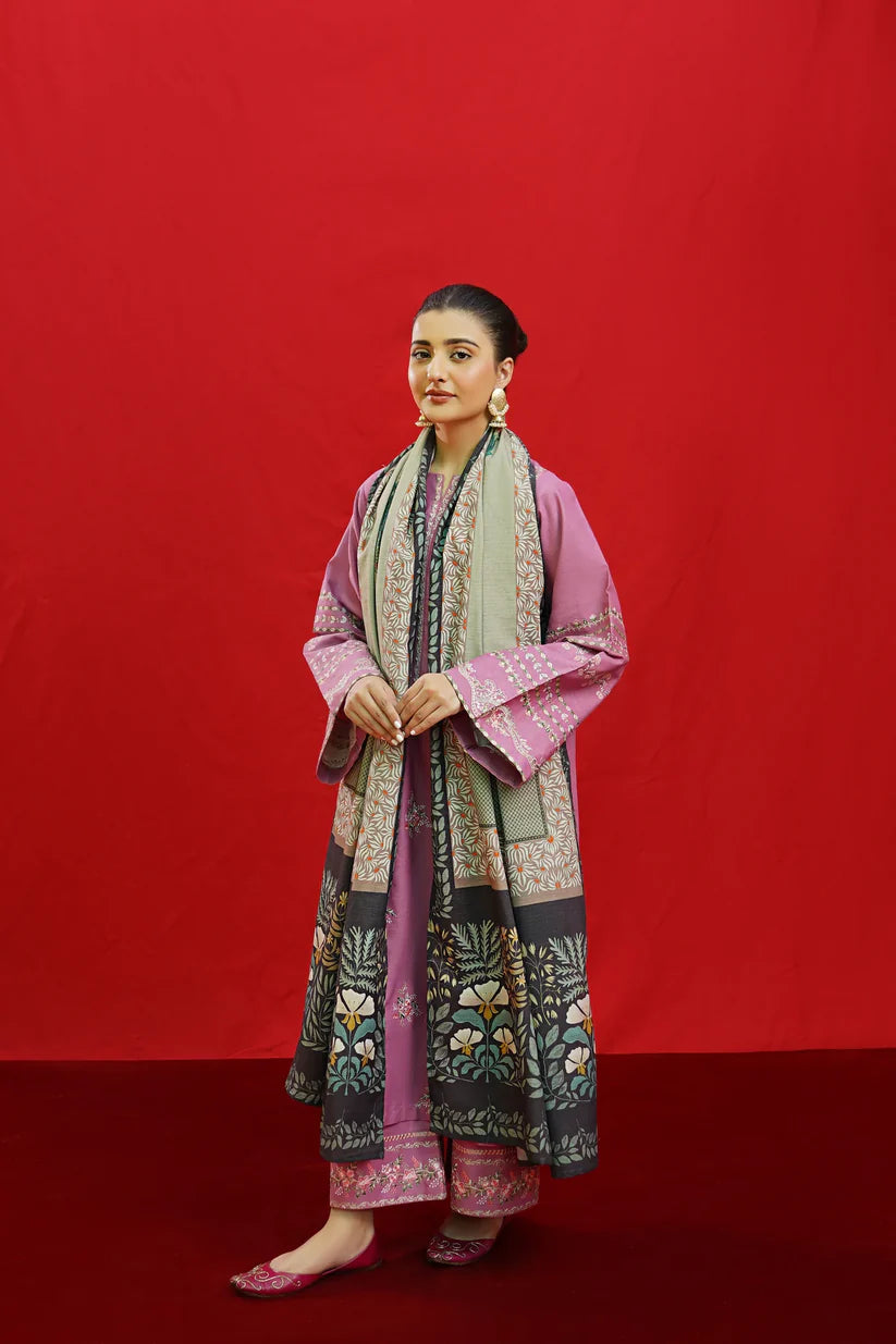 BrandsInn-3PC KHADDAR EMBROIDRED SHIRT WITH WOOL PRINTED SHAWL & EMB TROUSER-BI-4057
