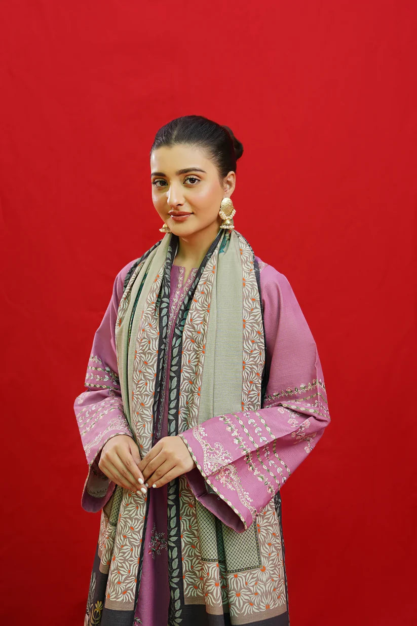 BrandsInn-3PC KHADDAR EMBROIDRED SHIRT WITH WOOL PRINTED SHAWL & EMB TROUSER-BI-4057