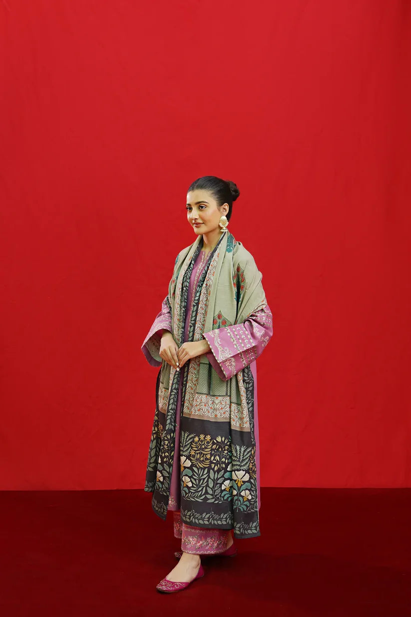 BrandsInn-3PC KHADDAR EMBROIDRED SHIRT WITH WOOL PRINTED SHAWL & EMB TROUSER-BI-4057