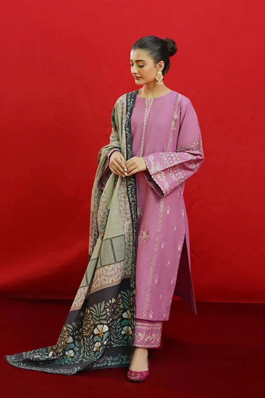 BrandsInn-3PC KHADDAR EMBROIDRED SHIRT WITH WOOL PRINTED SHAWL & EMB TROUSER-BI-4057